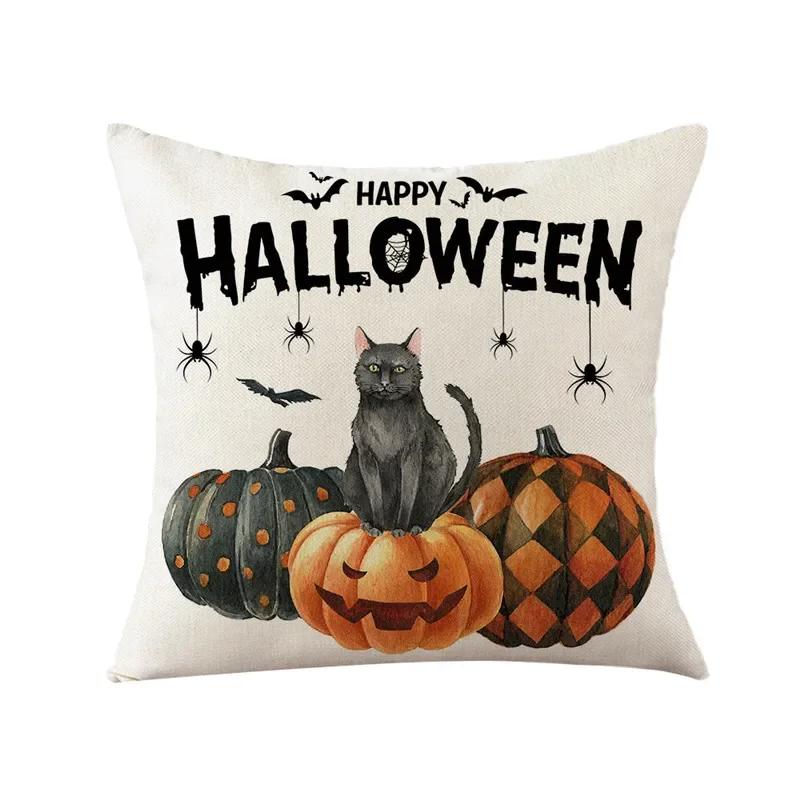 40/45/50cm Halloween Party Decorations Linen Pillowcase for Sofa Black Witch Ghost Print Throw Pillow Cover Home Decor