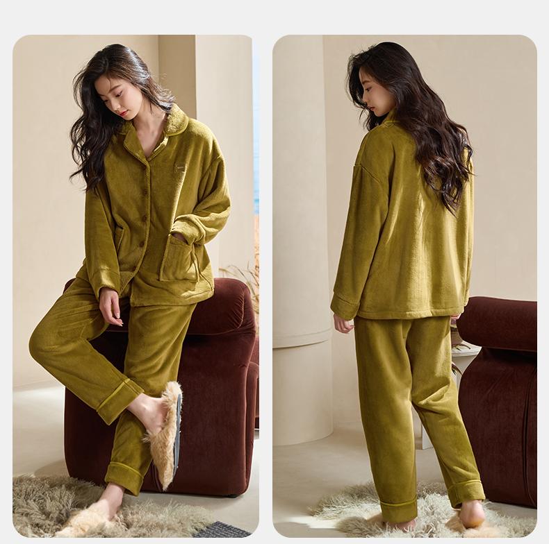 Xuan Liang [Anti static] Women's Winter Sleepwear with Thick Coral Fleece and Flannel for Outerwear Home Clothing Set