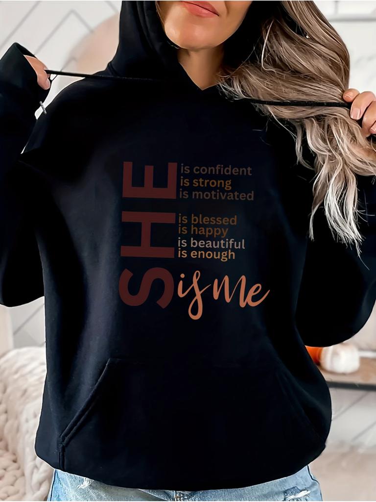 of Large-sized Loose Women's Hoodie with "SHE Is Me" Printed on It, Featuring the Theme of Female Self-affirmation(including Posi