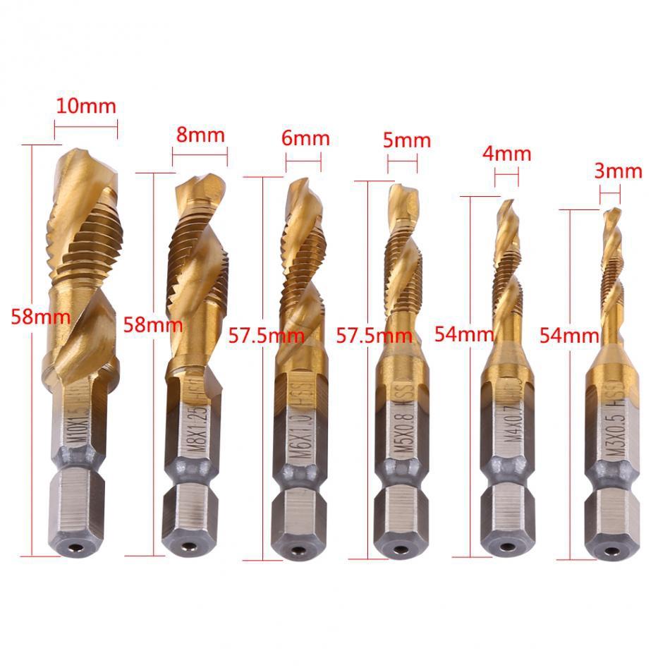 6pcs/Lot 1/4'' Hex Shank Thread Drill Bits HSS Coated Composite Tap Countersink Twist Metal Drilling Set Screw Tap Tool