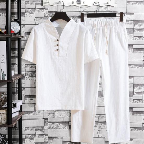 Футболка, брюки, костюм, модные карманы, пуговицы, мужской летний спортивный костюм, однотонный комплект из рубашки и брюк, мужской комплект из рубашки и брюк, мужская одежда