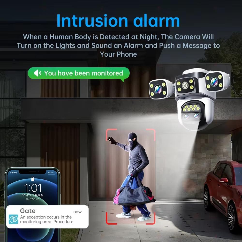 10K WiFi6 наружная камера 20MP 10X оптический зум Четырехэкранный Четырехобъективный PTZ Автоматическое отслеживание 6K Двойной объектив Водонепроницаемая система видеонаблюдения безопасности