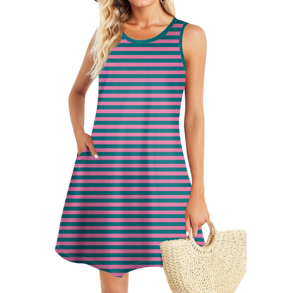 Летние платья для женщин Пляжный Бохо без рукавов Винтажный принт Футболка с карманами Сарафаны-майки