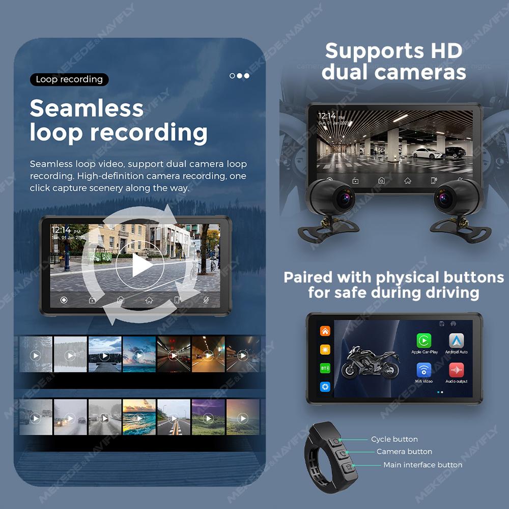 5.5inch Motorcycle Navigation Carplay Moto IP67 Waterproof Dual BT Channels For Wireless Carplay Android Auto Dual Recording CAM