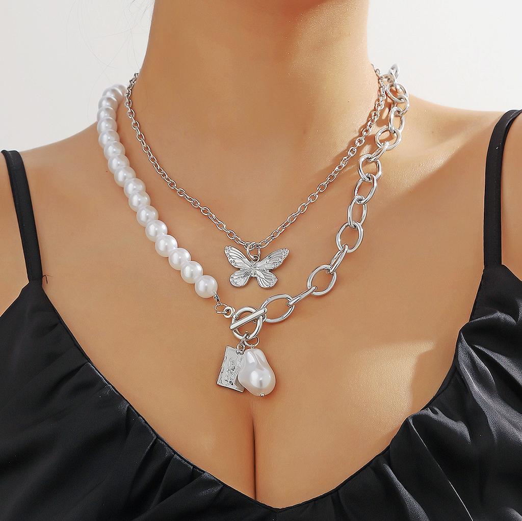 2pcs/set Korean Simulation Pearl Beads Chain Butterfly Pendant Necklace for Women Choker Jewelry Party Gift