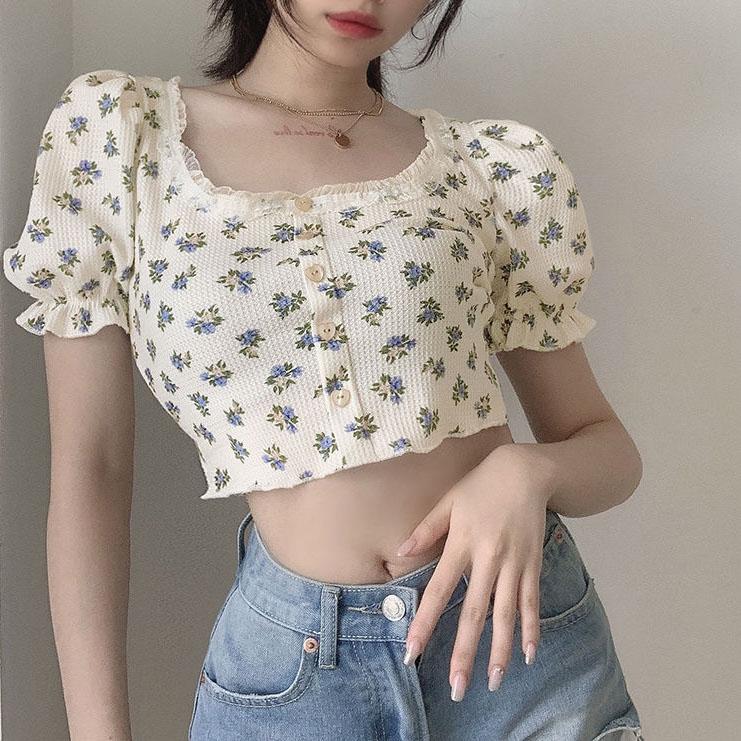 Летний топ с цветочным узором и вафельной сеткой, квадратным вырезом, рукавами-пузырьками и открытым пупком для женщин