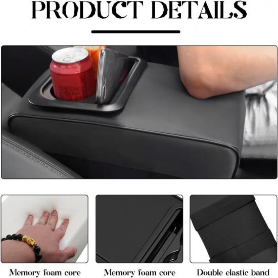 Car Center Console Armrest Pillow, 14"×8.3" Leather Memory Foam Armrest Cushion with Cup Holder & Phone Holder, Waterproof Middle Console Cover Box