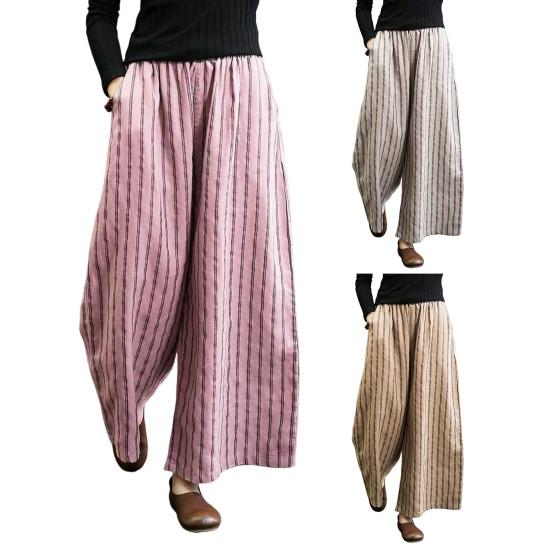 Женские летние брюки, эластичные повседневные брюки с высокой талией и карманами, прямые широкие брюки с принтом в вертикальную полоску, драпированные деловые брюки