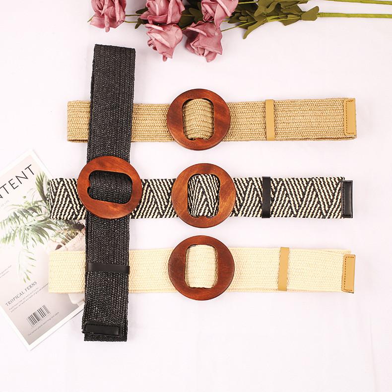 Classic Pp Grass Woven Waist Belt For Ladies With Smooth Buckle For Dress And Skirt Accessory