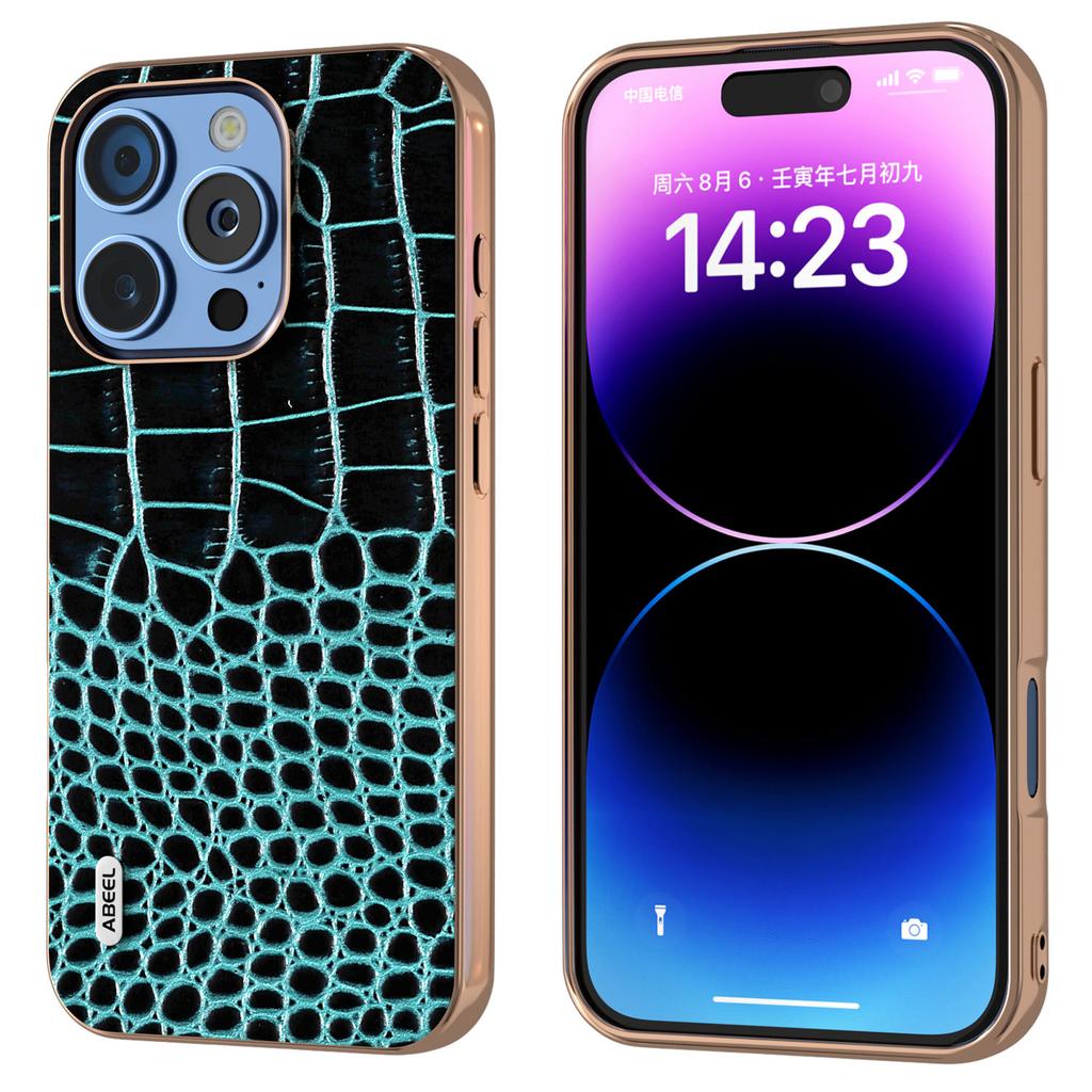 ABEEL For iPhone 16 Pro Max Case Electroplating Edge Crocodile Texture Genuine Cow Leather Back Phone Cover
