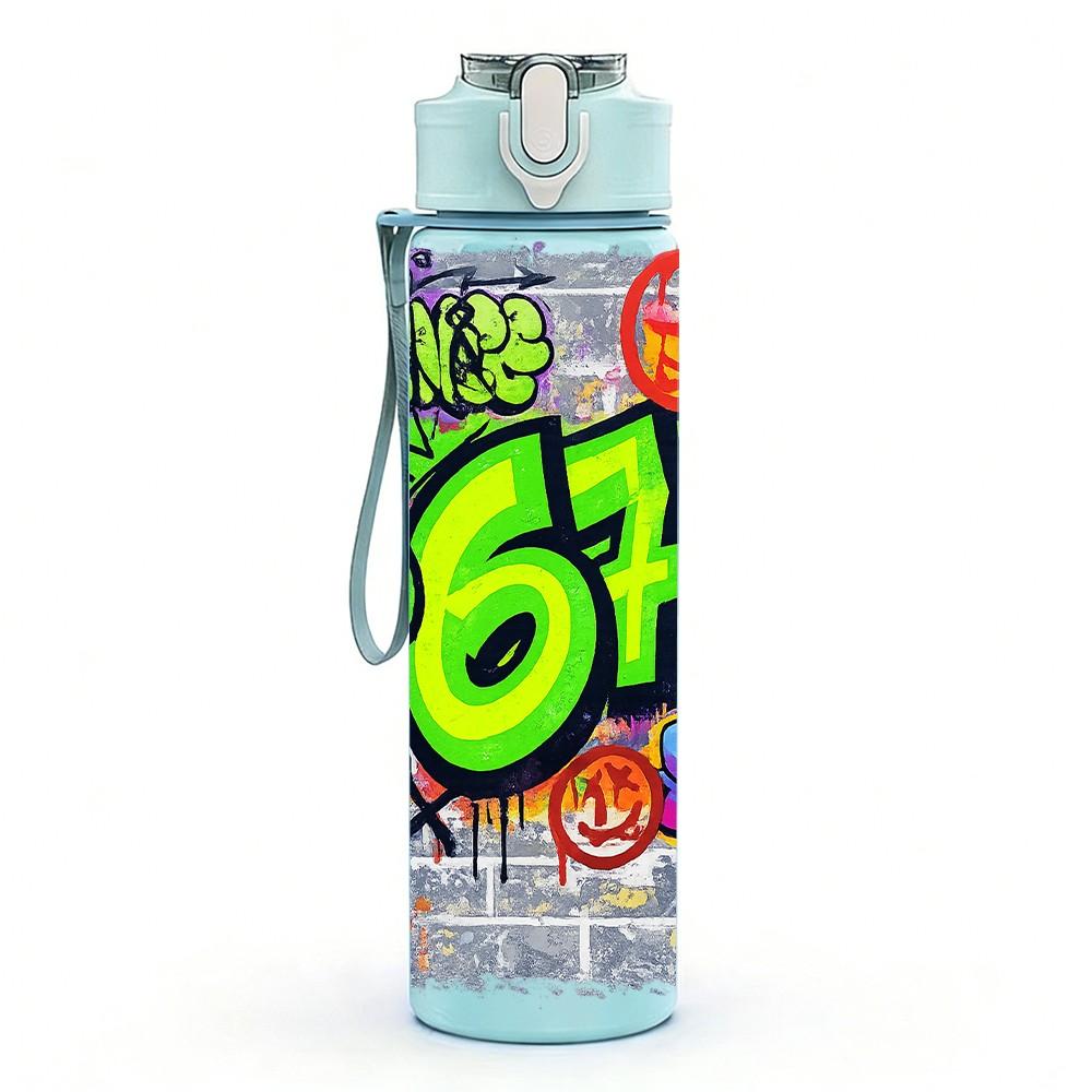 1PC Bright Six Seven Graffiti Number Art 750ml Color Plastic Sports Water Bottle Leakproof Flip Straw Lid Suitable for Sports Office Home Use