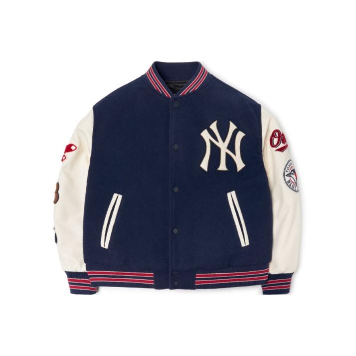 MLB Basic Logo Series New York Yankees Geometric Pattern Logo Embroidered Baseball Jacket Unisex jackets Blue White 3AJP38016-00NYD