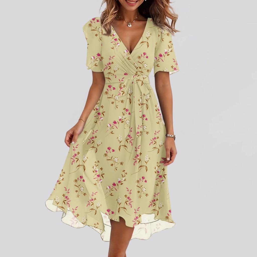 Women's Fashion Casual V Neck Short Sleeve Ruffled Vintage Printed Dresses