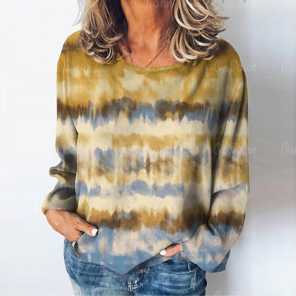 Винтажная женская футболка с длинным рукавом и полосатым принтом в стиле градиента, осенняя хлопковая женская одежда с круглым вырезом, женский повседневный пуловер