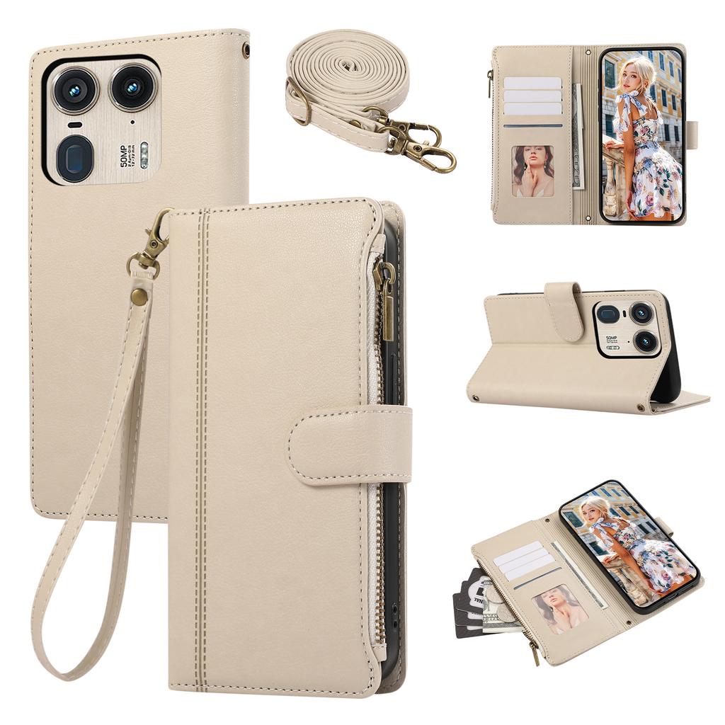 Чехол для Motorola Edge 50 Ultra 5G/Moto X50 Ultra 5G с несколькими отделениями для карт, на молнии, кожаный чехол для телефона с плечевым ремнем/ремешком на запястье