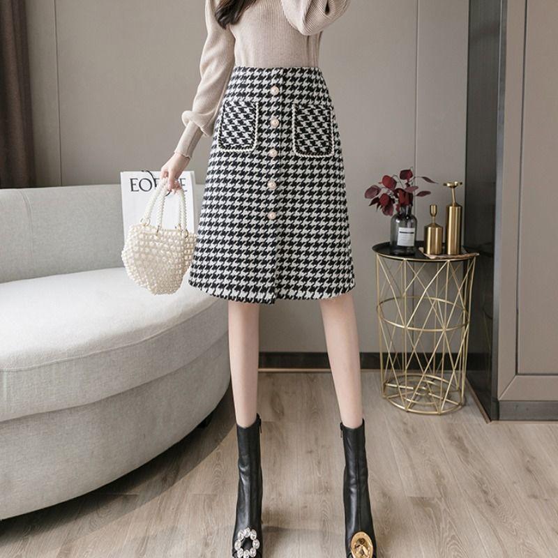 Женская клетчатая роскошная гусиная лапка с жемчугом и пуговицами с разрезом и высокой талией, шерстяная теплая юбка трапециевидной формы, зима-осень-весна, модная сексуальная юбка