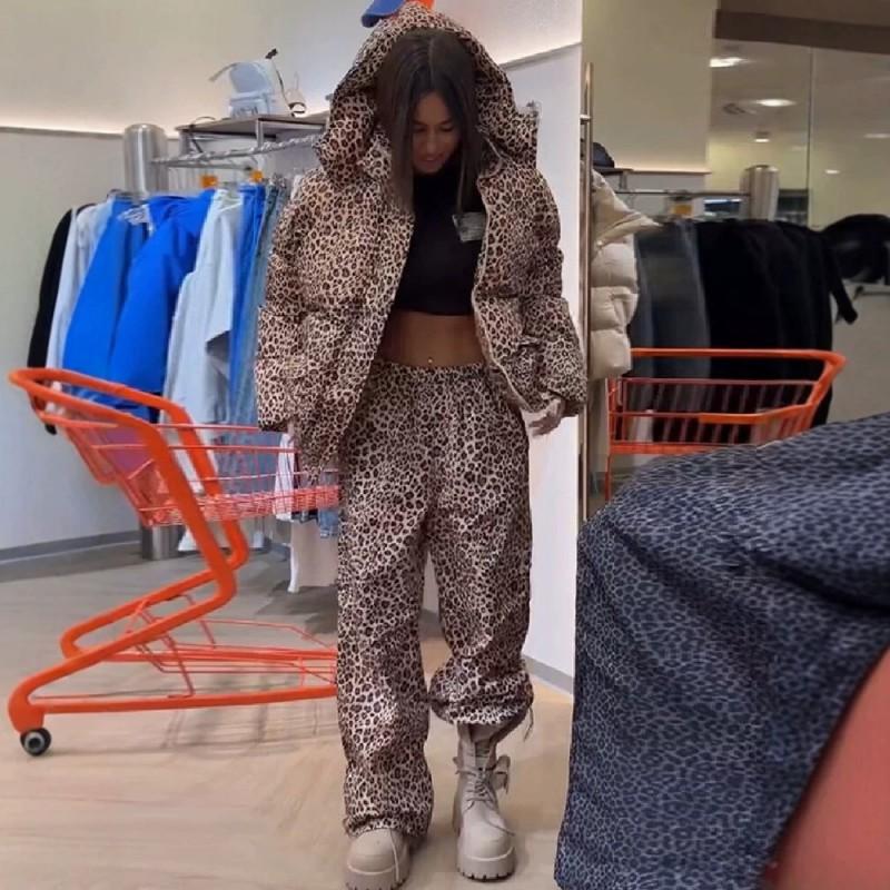Womens 2-Piece Leopard Print Puffer Set Hooded Short Coat Wide Leg Pants Winter Streetwear