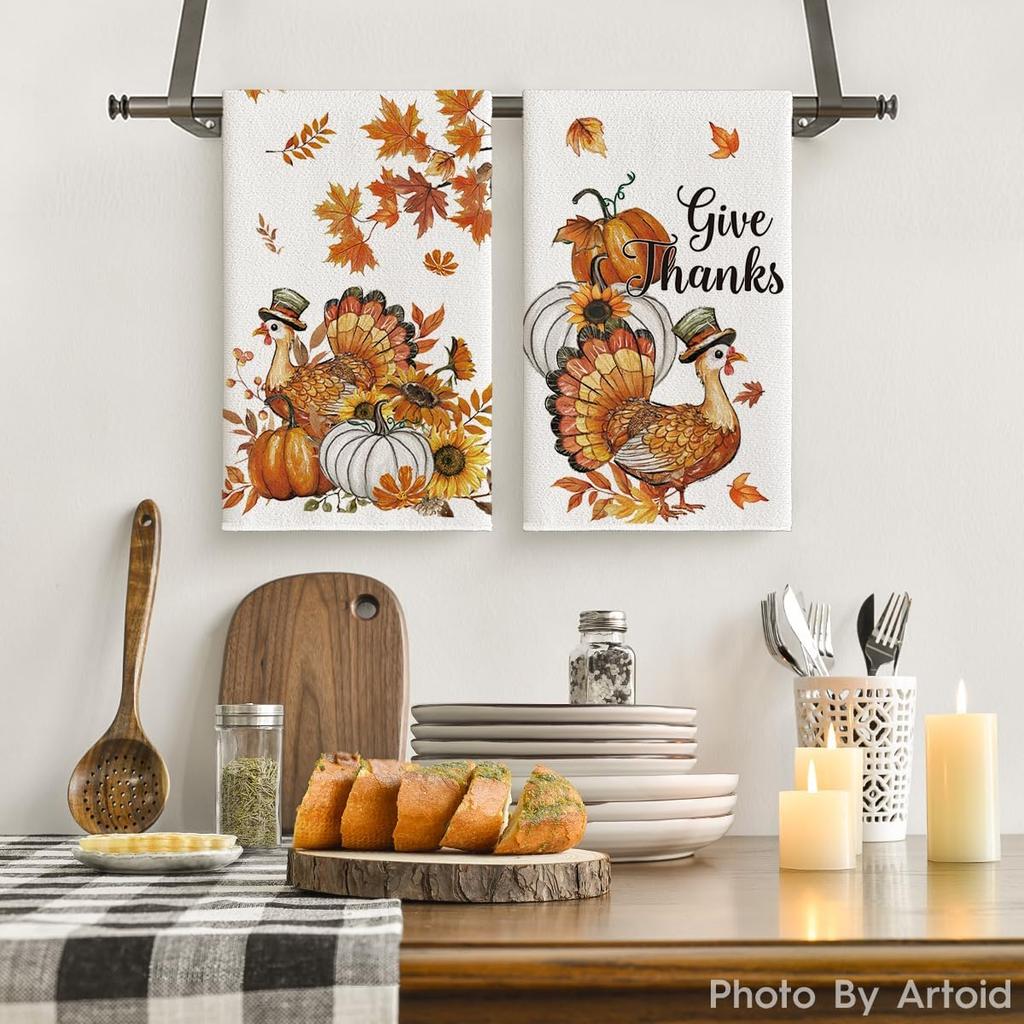 Artoid Mode Sunflower Pumpkin Turkey Thanksgiving Kitchen Towels Dish Towels, 18x26 Inch Farmhouse Holiday Decoration Cleaning Set of 2