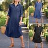 Fashion Elegant Vintage Plus Size Denim Dress Women Summer Long Sleeve Oversized Casual Dresses Women Solid Pockets Loose Midi Dress 1004