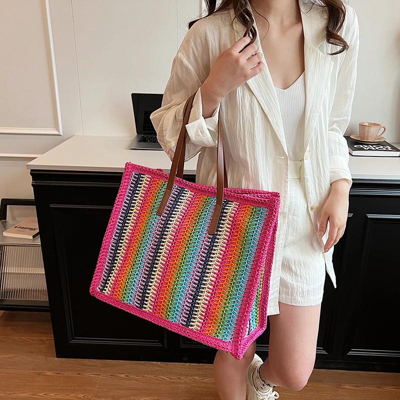 Striped Women's Beach Bag Large Capacity Feminine Shopper Straw Bag Shoulder Bag Travel Designer Summer New