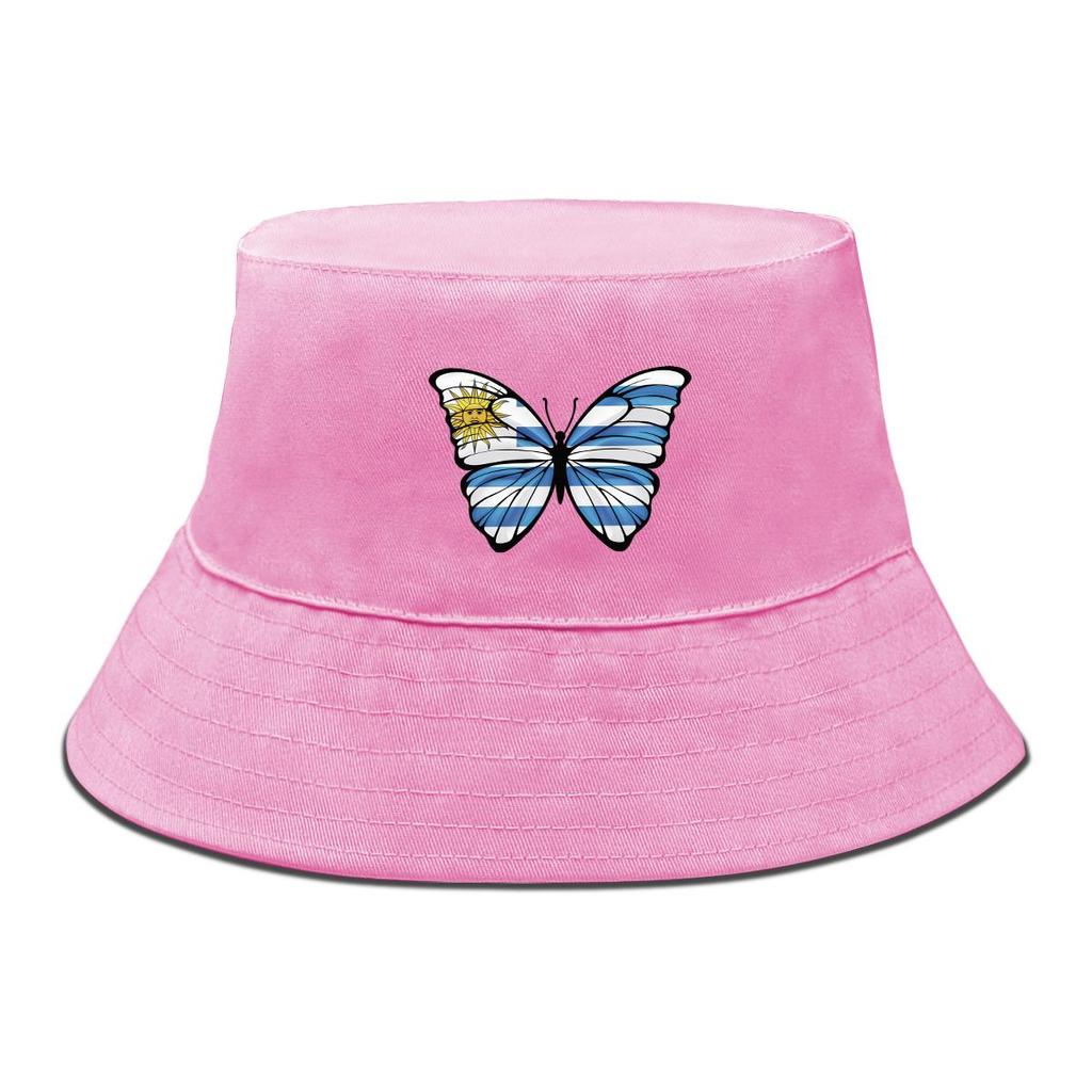 Butterfly Flag of Uruguay Print Bucket Hat , Patriotic Fisherman Hat Fashion Foldable Polyester Basin Cap