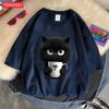 Футболка с принтом «Милый черный кот держит чашку», дышащая, приятная для кожи, с коротким рукавом, модная одежда в стиле Харадзюку, удобная мягкая футболка