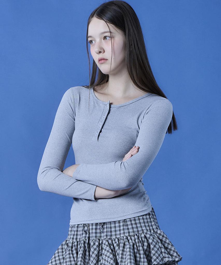 KOLEAT Round Neck Cropped Slim Delicate Fit Button Long Sleeve Tee Inner [Gray] Kgl.