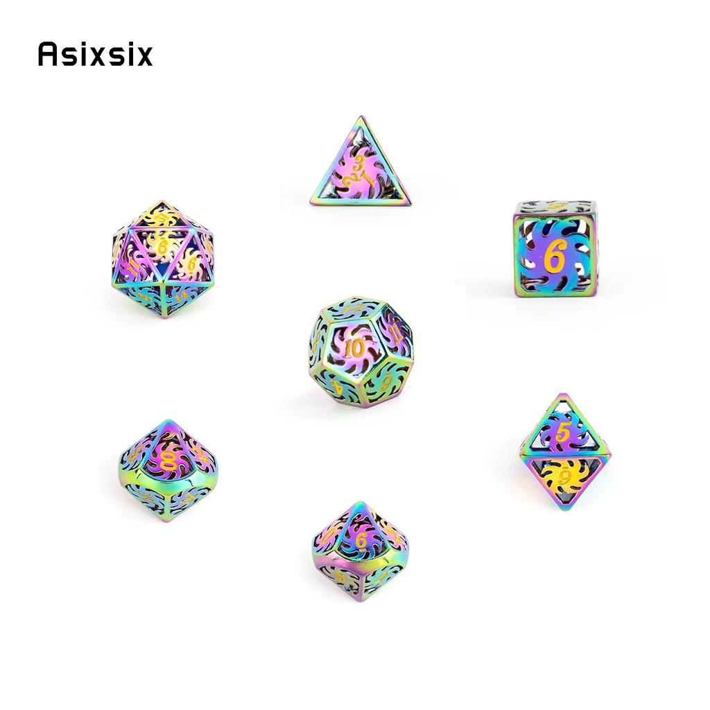 7 шт. красочные вращающиеся металлические кубики с ветряной мельницей, набор полых металлических многогранных кубиков, подходящий для ролевой игры, настольной игры, карточной игры