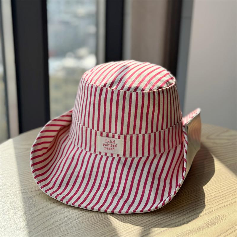 New Korean-style striped lace-up fisherman hat for women, summer large brim, UV protection, double-sided, versatile hiking hat
