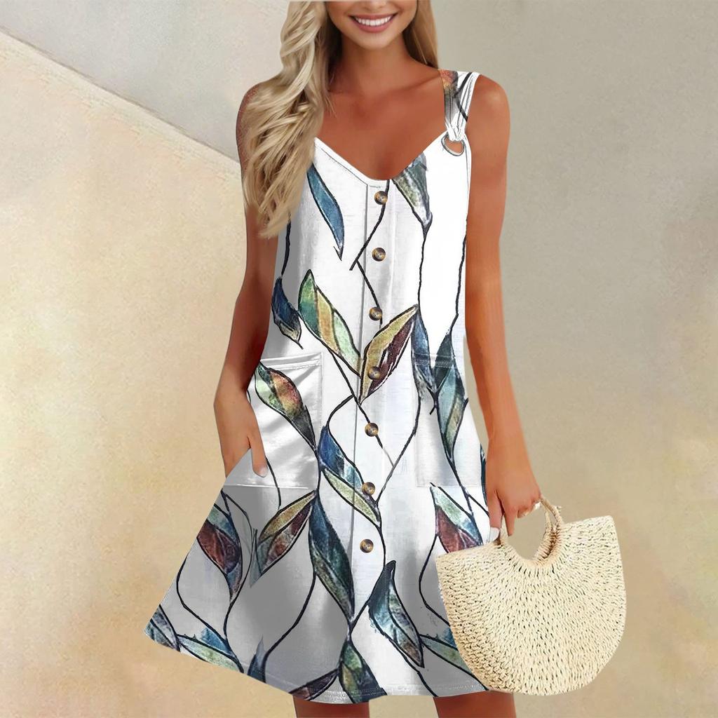 Женское летнее платье с карманом без рукавов сарафан с цветочным принтом