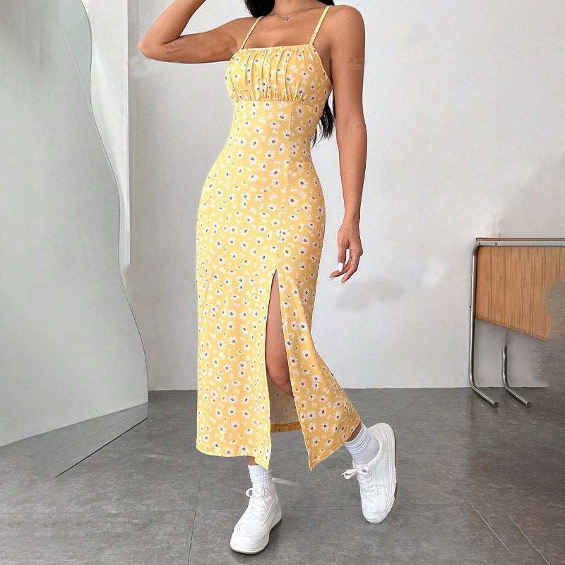 Женское весенне-летнее платье миди без бретелек с разрезом вокруг бедер и принтом «маргаритки»