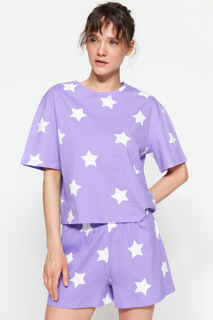 Women's Fashion New Pajama Set Light Pink 100% Cotton Star Patterned Tshirt-Shorts Knitted Pajama Set