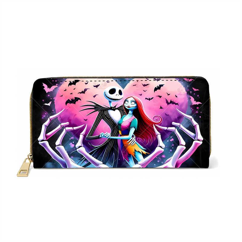 Nightmare Before Christmas PU Wallet for Women Long Zip Clutch Makeup Bag Jack Skellington Print Black 4pcs