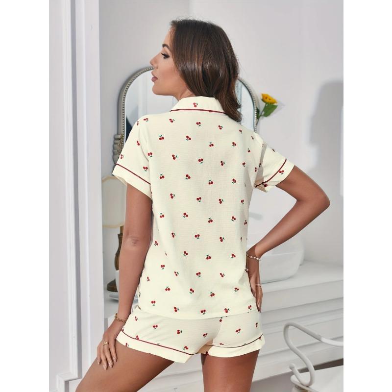 Cherry Print Textured Pajama Set Cute Short Sleeve Buttons Lapel Top & Elastic Shorts Women's Sleepwear