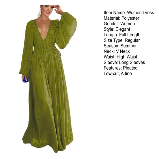 Женское вечернее платье с глубоким V-образным вырезом, плиссированное, с длинными рукавами, однотонное, с высокой талией, для отпуска, для пляжной вечеринки, платье макси, длинное платье для выпускного вечера