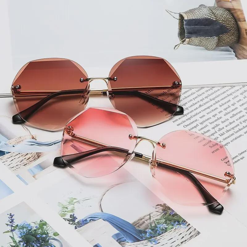 Новые женские солнцезащитные очки без оправы с полигональной огранкой и защитой от ультрафиолета
