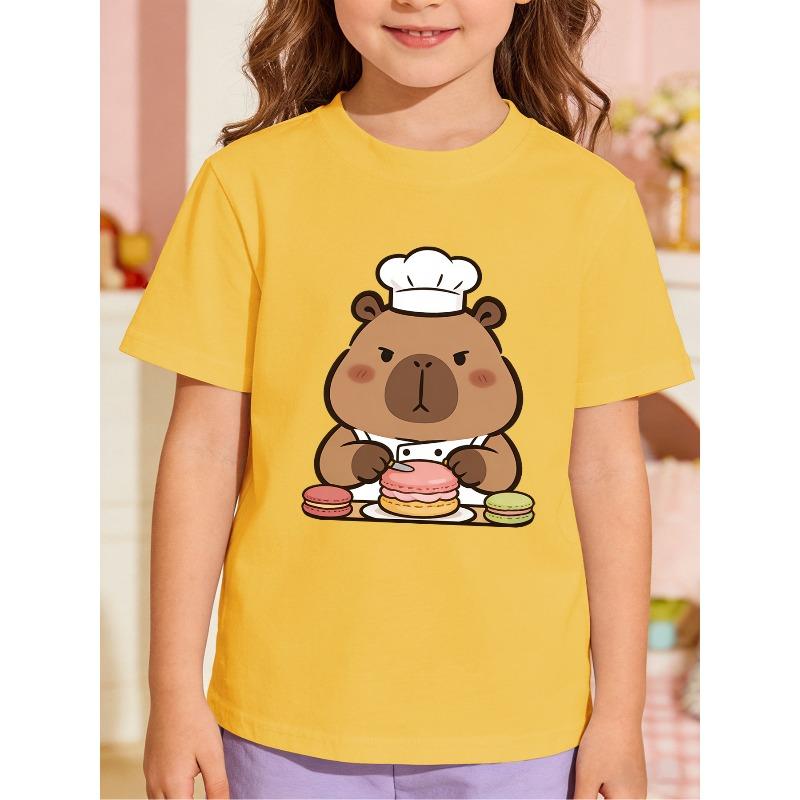 European sizes Girl's Chef Capybara Pattern Short-Sleeve T-Shirt, Kids' Summer Casual Top, Comfortable and Versatile, Suitable for Outerwear, Holidays
