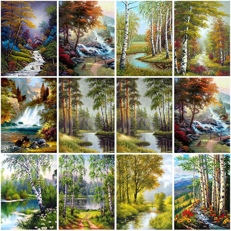 DIY 5D Diamond Painting Forest Creek Full Round Drill Scenic Diamond Embroidery Cross Stitch Mosaic Kits Wall Art Home Decor