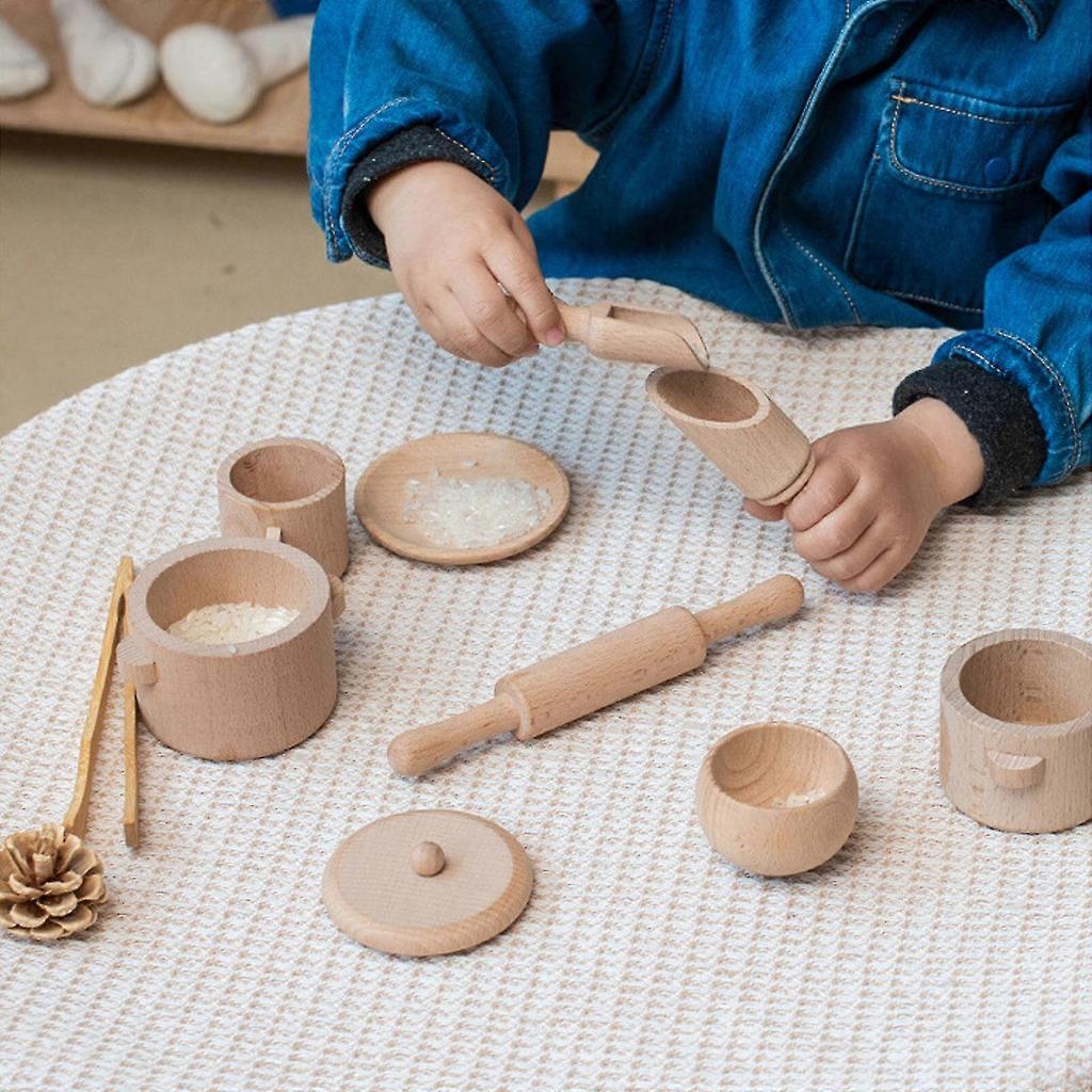 Wooden Tea Set Toys Sensory Bin Tools, Kids Pretend Kitchen Play Accessories for Preschool Toddlers 11Pcs
