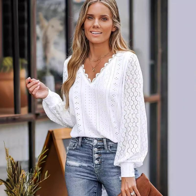 Fashion V-neck Loose Lace Patchwork White Shirt Women Elegant Vintage Lantern Sleeve Loose Women's Blouses Hollow Out Solid Casual Shirts New 26351