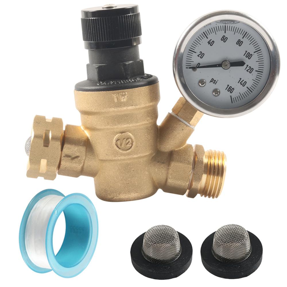 Rv Water Pressure Regulator Valve With Handle Adjustable, Silicone Oil Gaug