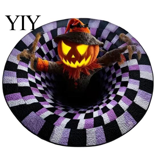 Durable Decorative Home Accents 3D Halloween Rug, Bottomless Pit Illusion Quilted Look Floor Seasonal Festive Area Carpet Mat, Non-Slip Spooky Rug for