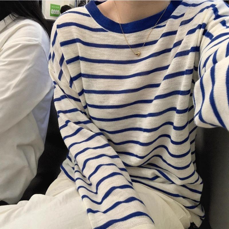 Простая ленивая полосатая футболка с длинным рукавом женская летняя свободная тонкая дышащая блузка-топ из ледяного шелка для верхней одежды