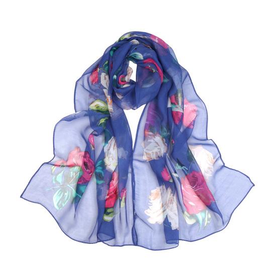 Women Faux Silk Scarf Flower Print Long Soft Scarf Sun Protection Beach Travel Outdoor Lightweight Shawl