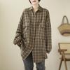 Осенняя литературная рубашка больших размеров с отворотом в клетку с длинными рукавами, женская рубашка средней длины
