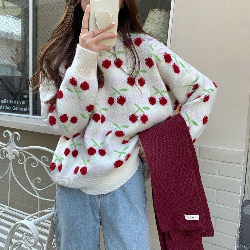 Осень Зима Новый Вязаный Свитер Оверсайз с Принтом Вишни Женский Ленивый - Шикарный С Круглым Вырезом Сладкий Свитер Пуловер