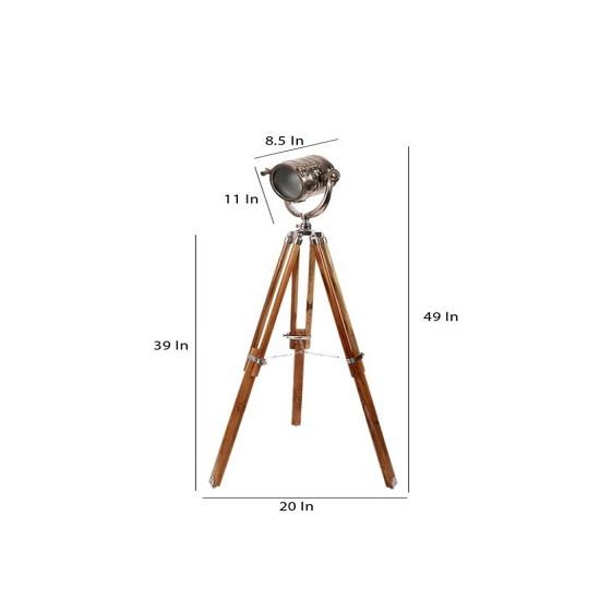 Торшер на штативе с серебряным алюминиевым металлическим абажуром и основанием из дерева и алюминия,