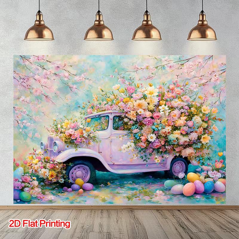 2D Spring Floral Car Backdrop with Colorful Eggs Studio Background