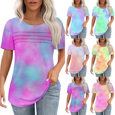 Футболки для женщин, плиссированные, с круглым вырезом, нарядные, повседневные, блузки с принтом, с коротким рукавом, летние топы, свободный крой