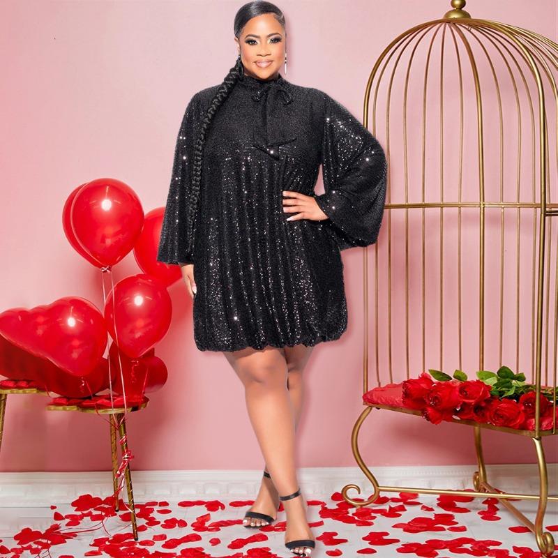 Women's Loose Sequin Long Sleeve Dress Short Dress Party